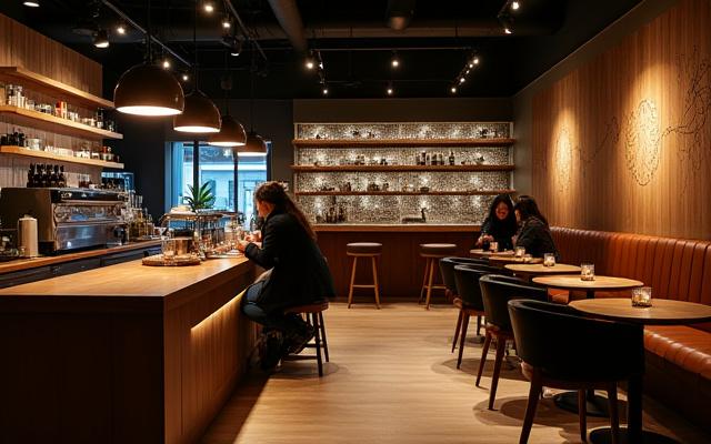 Interior vibrante de Nébula Café en la Roma Norte, con arte lumínico y clientes disfrutando.