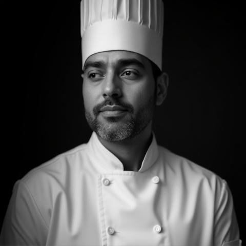Retrato profesional en blanco y negro del Chef Ricardo Morales, con gorro de chef y una expresión pensativa.