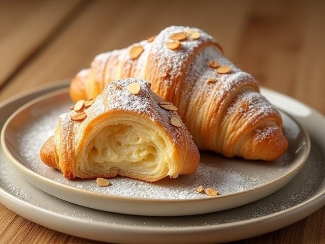 Croissant de almendras recién horneado, espolvoreado con azúcar glass y almendras fileteadas.