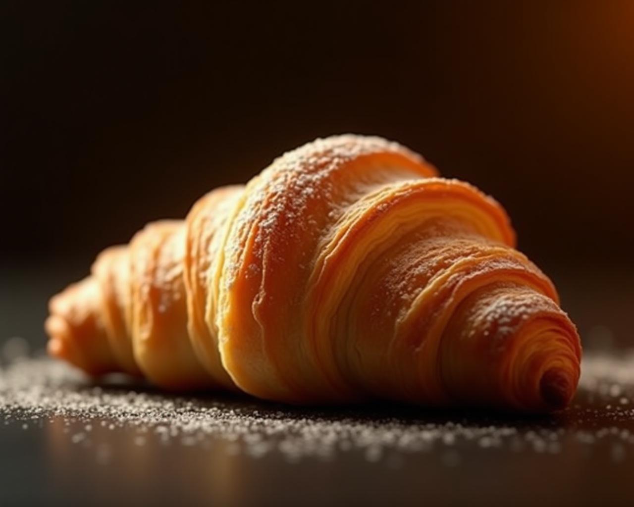Primer plano espectacular de un croissant hojaldrado con un brillo dorado sobre una base oscura, reflejando una luz suave.