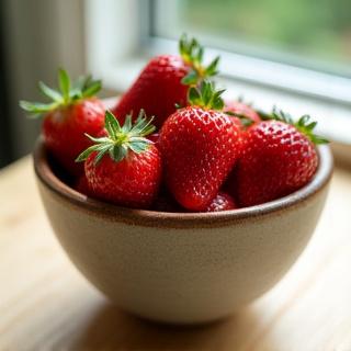 Fresas frescas y vibrantes en un cuenco artesanal, listos para ser usados en repostería.