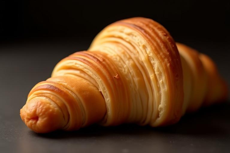 Primer plano espectacular de un croissant hojaldrado con un brillo dorado sobre una base oscura, reflejando una luz suave.