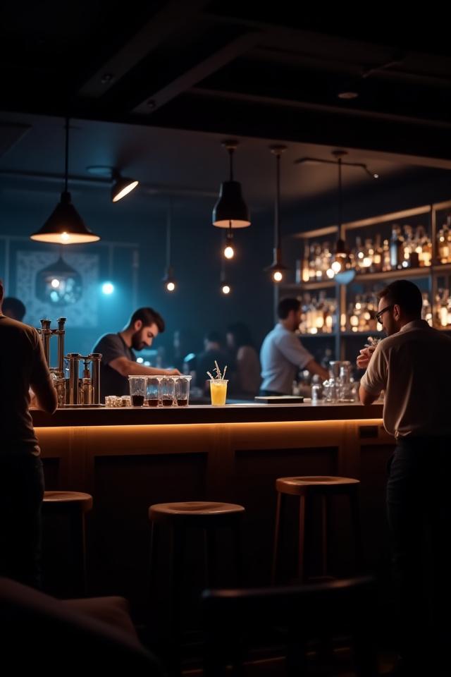 Vista dinámica de la barra de Nébula Café por la noche, con baristas y mixólogos en acción, luces tenues y cálidas.