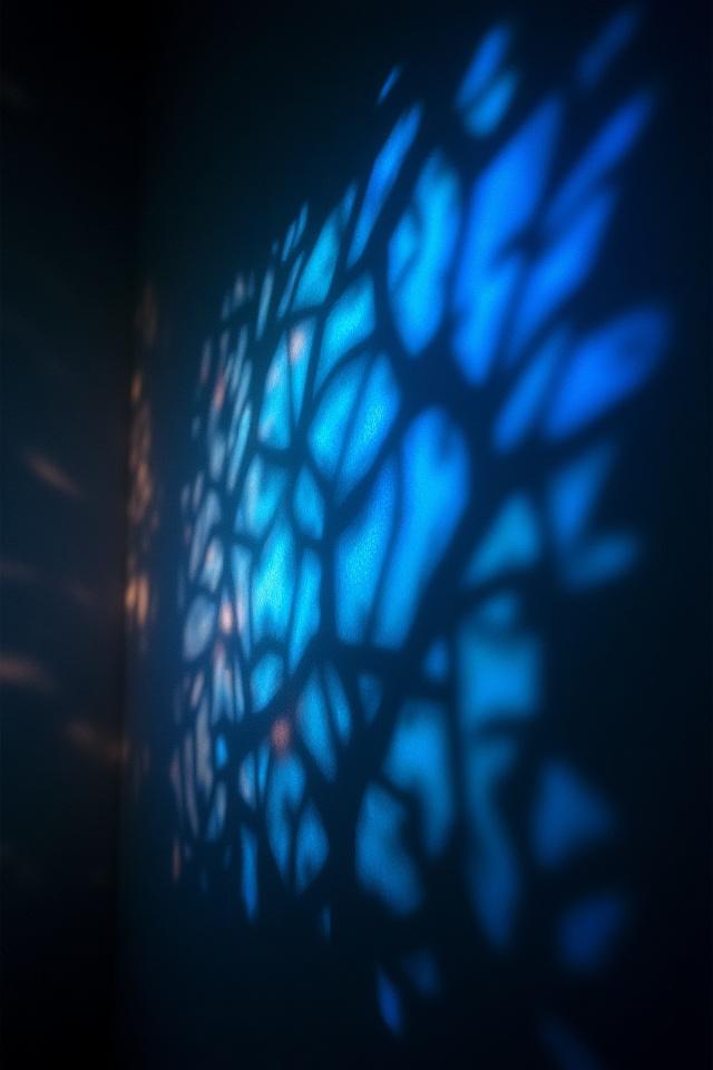 Juego de luces en el techo o una pared, creando patrones y texturas en Nébula Café de noche, destacando el diseño de iluminación.