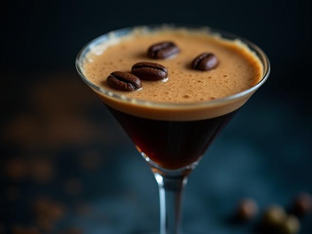 Coctel 'Espresso Martini de Cardamomo' en una copa martini, con espuma en la superficie y granos de café de adorno.