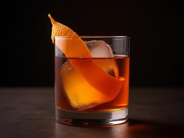 Coctel 'Nebulosa Old Fashioned' en un vaso bajo con hielo grande, twist de naranja, de tono oscuro.