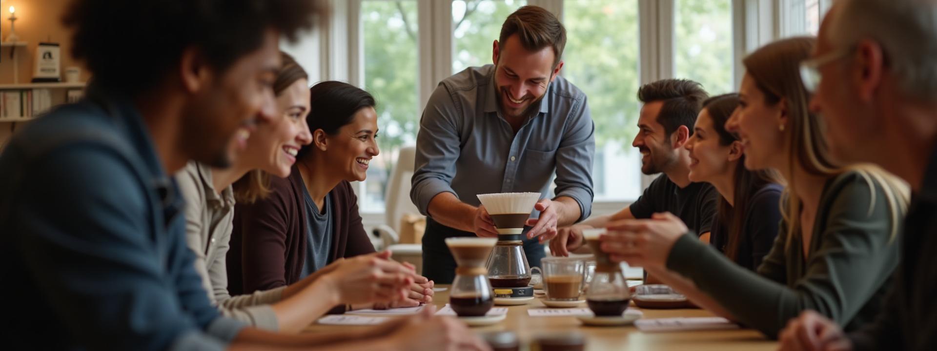 Grupo de estudiantes de café de especialidad aprendiendo en un aula luminosa de Nébula Café