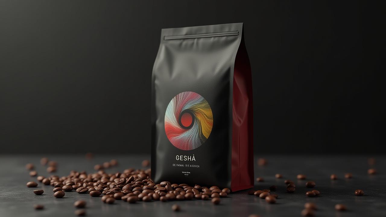 Empaque elegante de café Gesha de Panamá con diseño minimalista óptico.