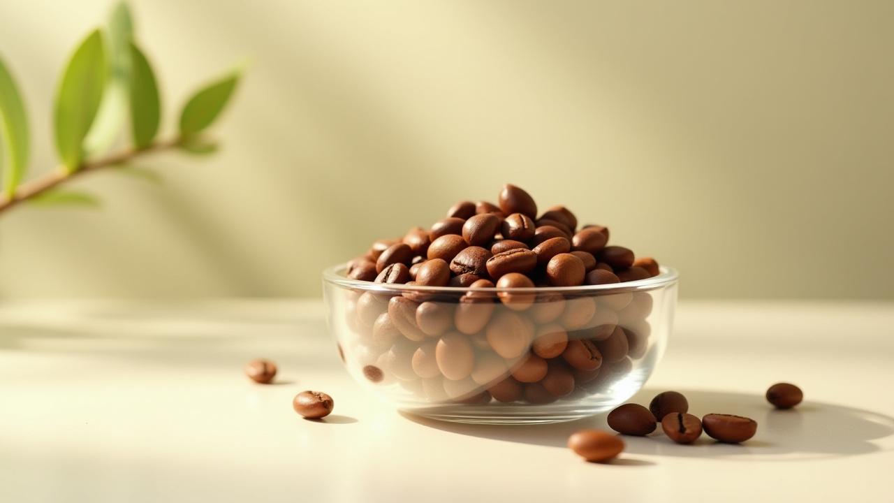 Granos de café Laurina de Brasil en un recipiente de vidrio, con luz ambiental.