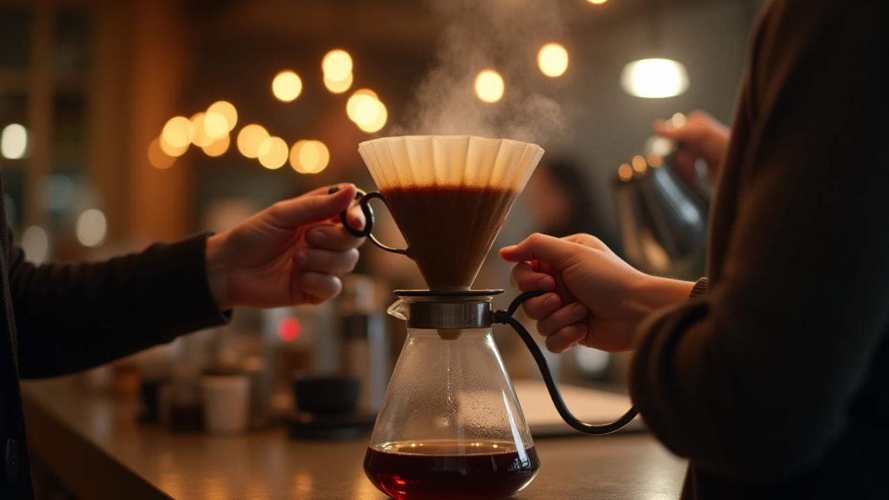 Manos expertas extrayendo café en un V60 dentro del Nébula Coffee Lab, con luces cinéticas de fondo