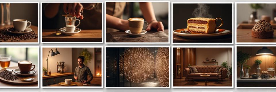 Grid de imágenes de Instagram que muestran café, arte óptico y el ambiente de Nébula Café