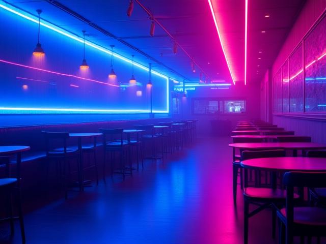 Luces de neón vibrantes en tonos azul y rosa creando una atmósfera de fiesta moderna