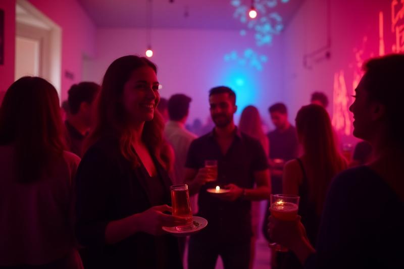 Diseño de iluminación a medida para un evento nocturno en Nébula Café, con proyecciones y ambientes de neón.