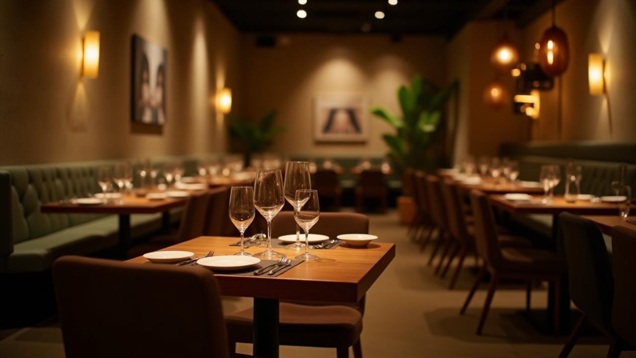 Restaurante de fusión con iluminación ambiental cálida y moderna.