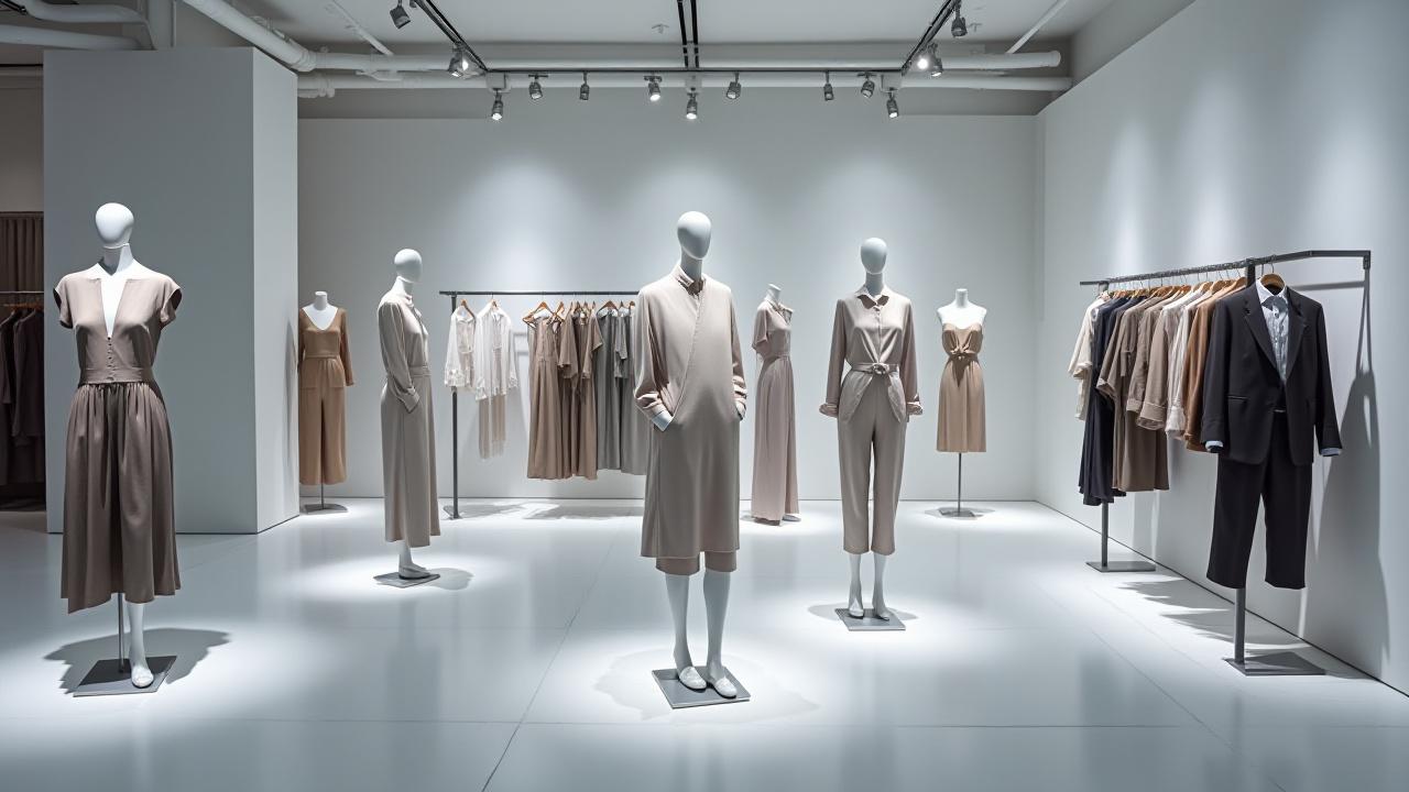 Showroom de moda con iluminación direccional que resalta prendas.