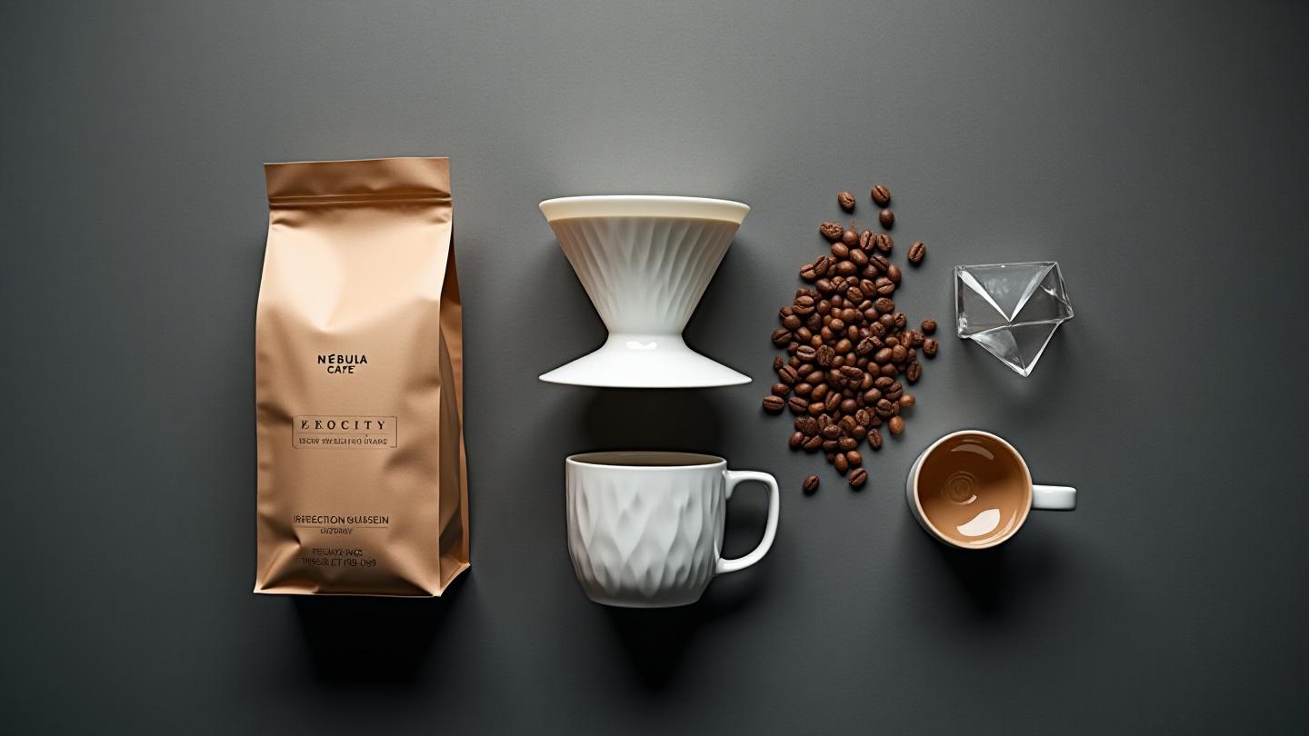 Flat lay de productos Nébula Café: bolsa de café de especialidad, V60 de cerámica, taza de diseño y una pequeña escultura de arte óptico, todo sobre una superficie de hormigón pulido.