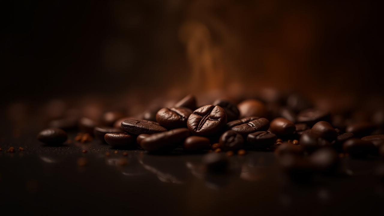 Primer plano de granos de café tostados y brillantes en un entorno oscuro y sofisticado